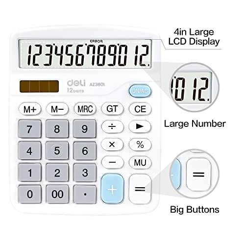 Calculator, Deli Standard Function Desktop Calculators with 12 Digit Large LCD Display and Sensitive Button, Solar Battery Dual Power Office Calculator, White