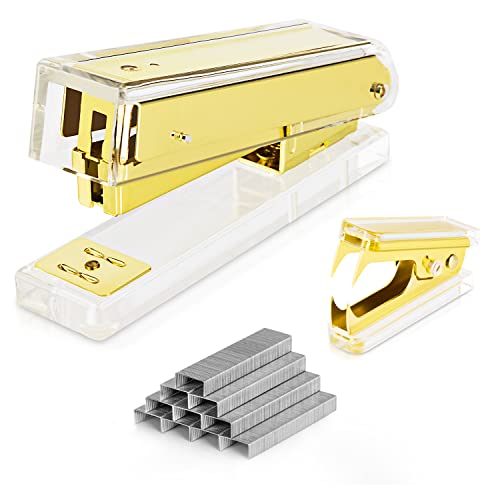 Deli Acrylic Stapler, Desktop Stapler Office Stapler, 25 Sheet Capacity, Includes 1000 Staples and Staple remover, Acrylic Gold