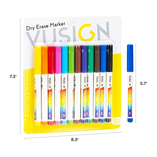 VUSIGN Dry Erase Markers, 12 Pack White Board Markers Dry Erase, Whiteboard Markers for Kids, Fine Tip, Low Odor, Assorted Colors