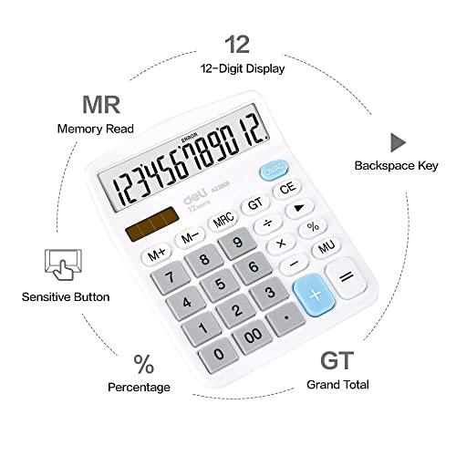 Calculator, Deli Standard Function Desktop Calculators with 12 Digit Large LCD Display and Sensitive Button, Solar Battery Dual Power Office Calculator, White