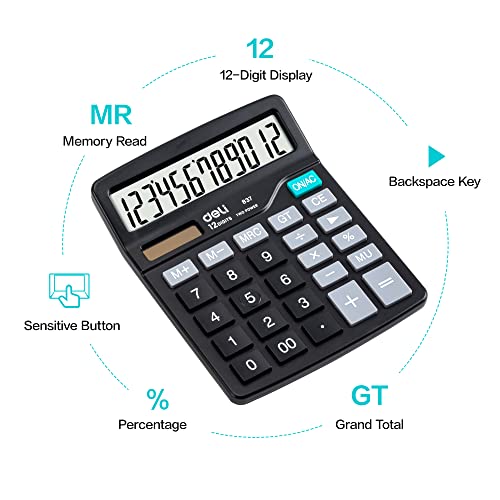 Calculator, Deli Standard Function Desktop Calculators with 12 Digit Large LCD Display and Sensitive Button, Solar Battery Dual Power Office Calculator, Black