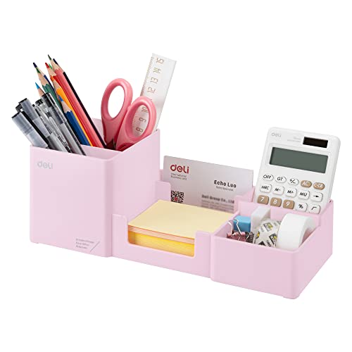 deli Desk Organizer, Plastic Desktop Organizer with Pencil Holder and Sticky Note Tray, Office Stationery Supplies Organizers Accessories Caddy, 6 Compartments, Pink