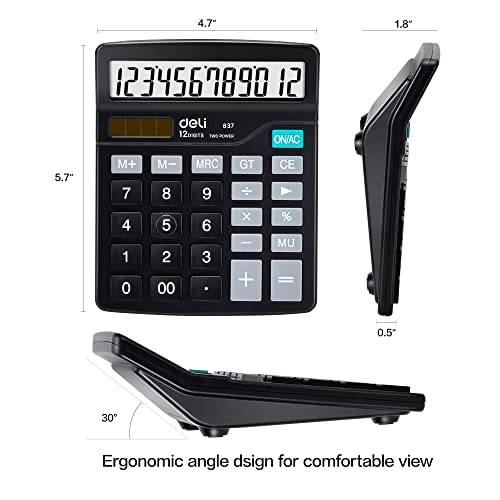 Calculator, Deli Standard Function Desktop Calculators with 12 Digit Large LCD Display and Sensitive Button, Solar Battery Dual Power Office Calculator, Black