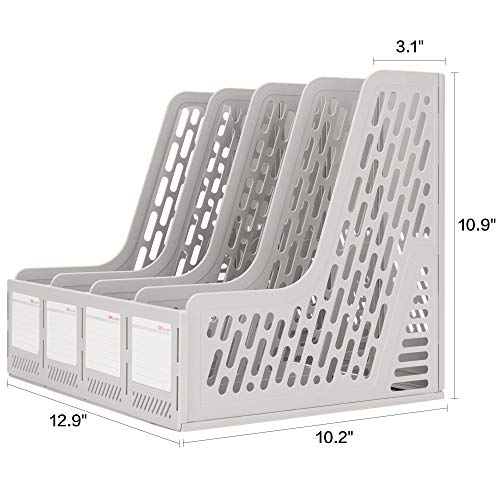 deli Magazine File Holder, Desk Organizer File Folder for Office Organization and Storage, Sturdy Plastic Binder Organizer, 4 Vertical Compartments, Gray