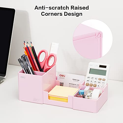 deli Desk Organizer, Plastic Desktop Organizer with Pencil Holder and Sticky Note Tray, Office Stationery Supplies Organizers Accessories Caddy, 6 Compartments, Pink