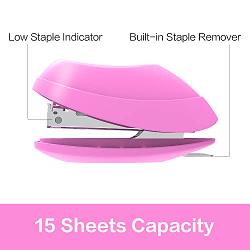 Deli Mini Stapler, 15 Sheet Capacity, Includes Built-in Staple Remover & 1000pcs NO.10 Staples, Pink