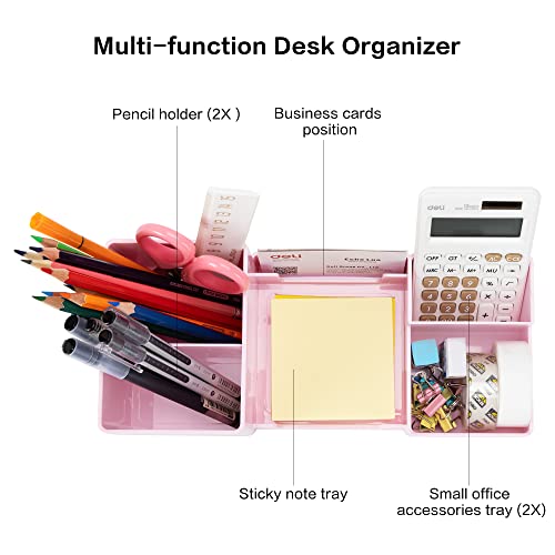 deli Desk Organizer, Plastic Desktop Organizer with Pencil Holder and Sticky Note Tray, Office Stationery Supplies Organizers Accessories Caddy, 6 Compartments, Pink