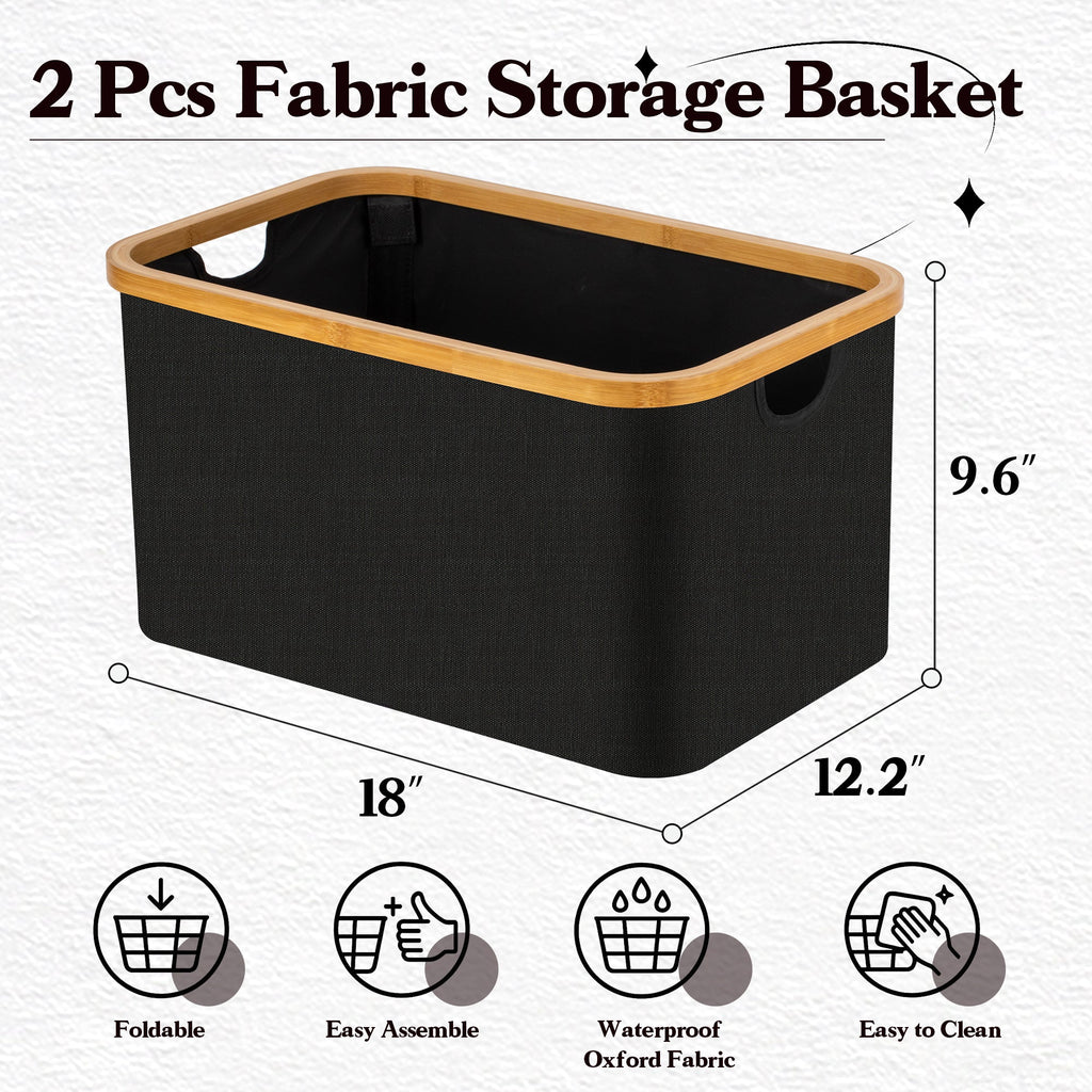 VUSIGN Fabric Storage Baskets with Bamboo Handles, Collapsible, Black Set of 2, L Size