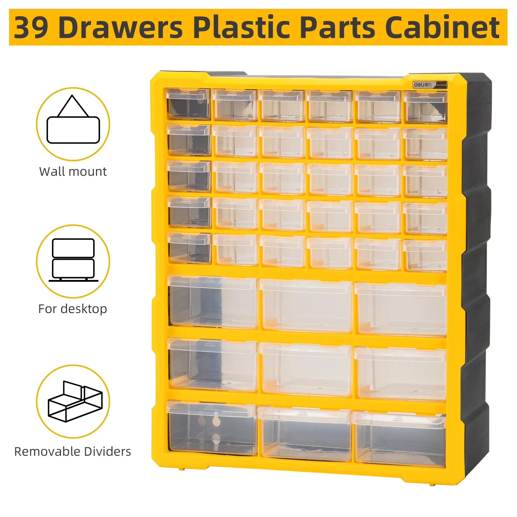 Deli 39 Drawers Plastic Parts Storage Cabinet, Compartment Hardware Organizer Storage for Desktop or Wall Mount,Tool Box with Drawers for Hardware, Small Parts, Craft Supplies,Black/Yellow