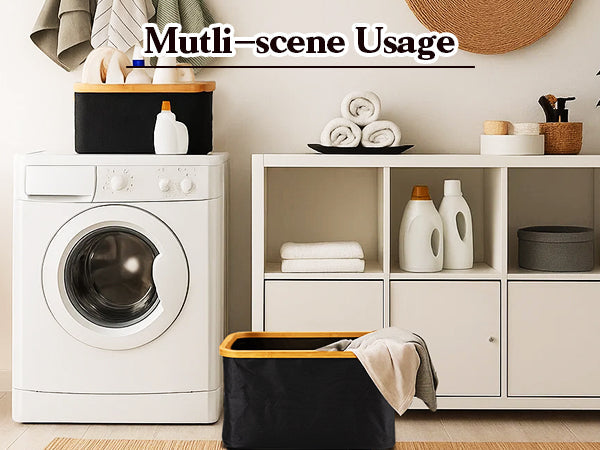 VUSIGN Fabric Storage Baskets with Bamboo Handles, Collapsible, Black Set of 2, L Size