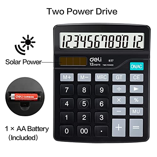 Calculator, Deli Standard Function Desktop Calculators with 12 Digit Large LCD Display and Sensitive Button, Solar Battery Dual Power Office Calculator, Black