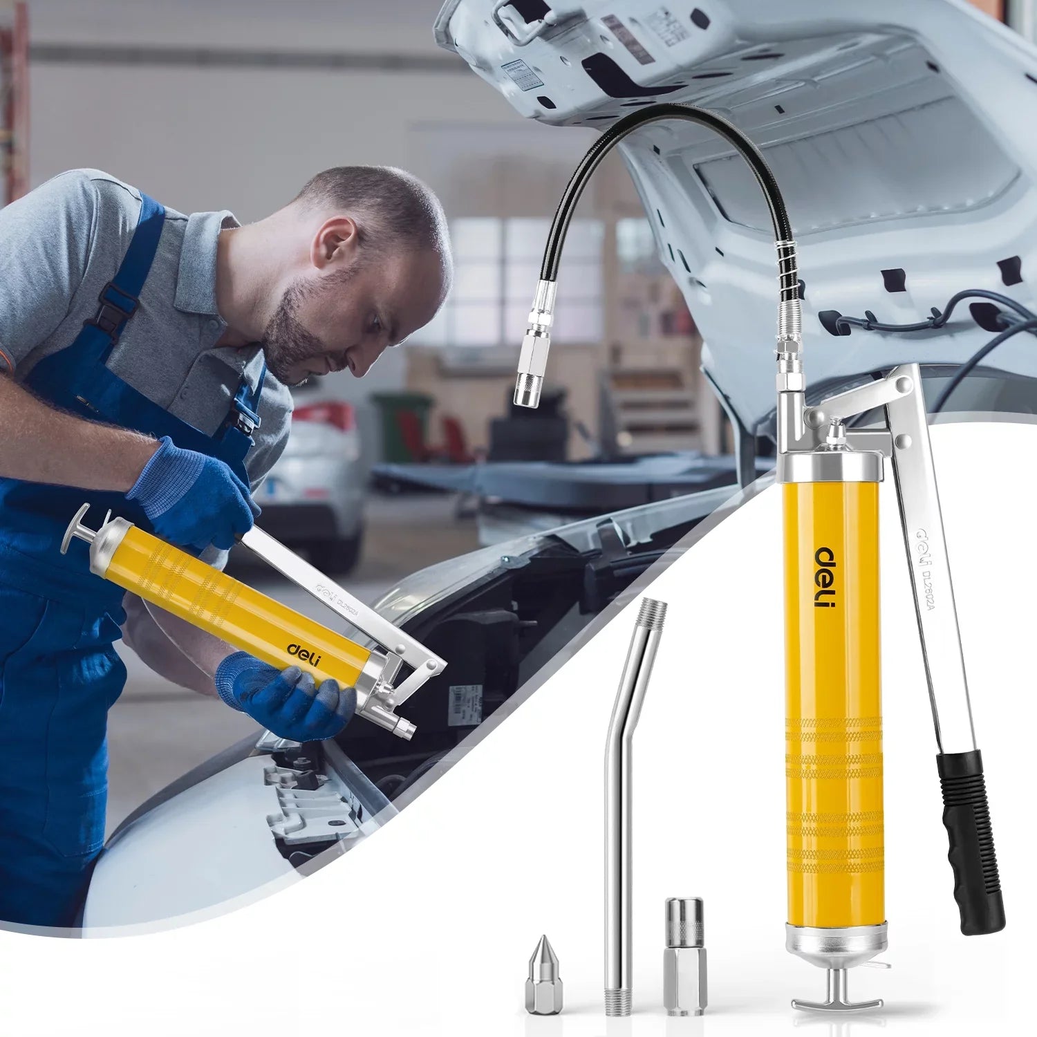 Deli Grease Gun, 8000 PSI Heavy Duty Pistol Grip Grease Gun Set with 14 oz Load, 18 Inch Spring Flex Hose, 2 Working Coupler, 1 Fixed Tube and 2 Nozzles , Yellow