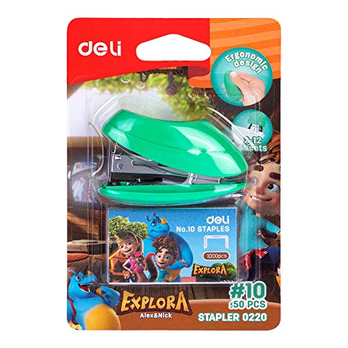 Deli Mini Stapler, 15 Sheet Capacity, Includes Built-in Staple Remover & 1000pcs NO.10 Staples, Green