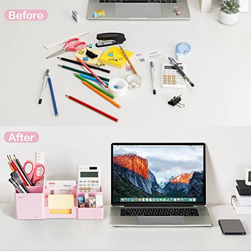 deli Desk Organizer, Plastic Desktop Organizer with Pencil Holder and Sticky Note Tray, Office Stationery Supplies Organizers Accessories Caddy, 6 Compartments, Pink
