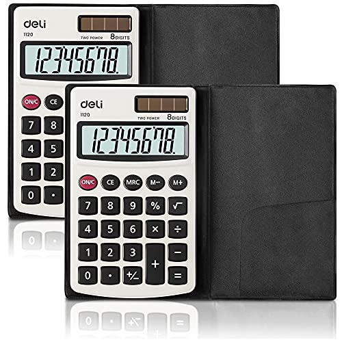 Calculator, Deli Standard Function Basic Calculators, Solar Battery Dual Power Office Calculator with Cover, Metal Panel, 2 Pack