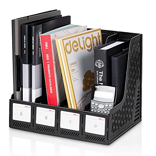 deli Magazine File Holder, Desk Organizer File Folder for Office Organization and Storage, Sturdy Plastic Binder Organizer, 4 Vertical Compartments, Black