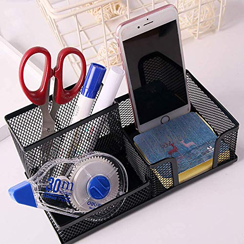 deli Mesh Desk Organizer Office Supplies Caddy with Pencil Holder and Storage Baskets for Desktop Accessories, 3 Compartments, Black