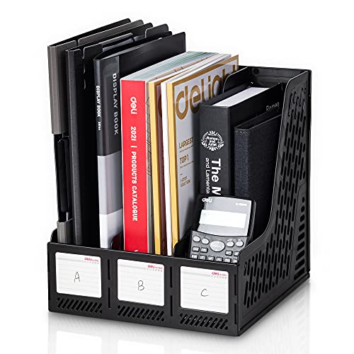 deli Magazine File Holder, Desk Organizer File Folder for Office Organization and Storage, Sturdy Plastic Binder Organizer, 3 Vertical Compartments, Black