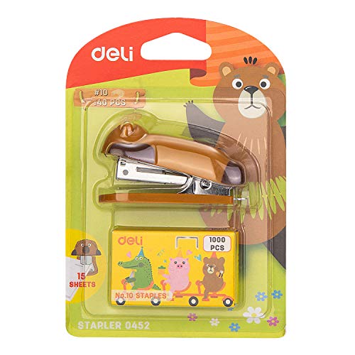 Deli Mini Cute Bear Desktop Stapler, Office Stapler, 12 Sheet Capacity, Includes Built-in Staple Remover & 1000PCS No.10 Staples