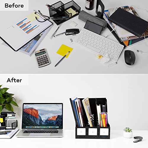 deli Magazine File Holder, Desk Organizer File Folder for Office Organization and Storage, Sturdy Plastic Binder Organizer, 3 Vertical Compartments, Black