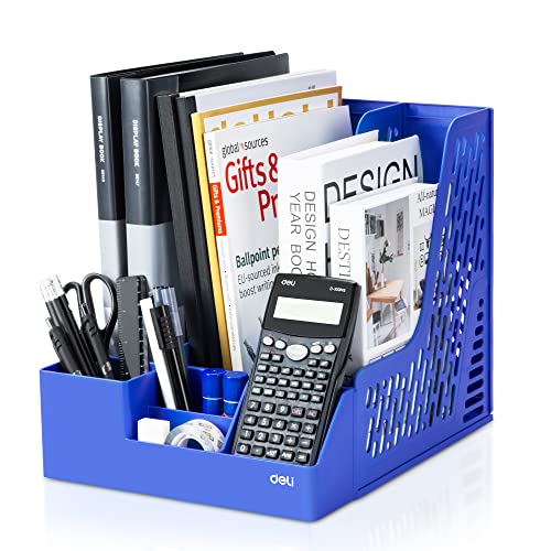 deli Magazine File Holder with Extra Storage Case, Desk Organizer File Folder for Office Organization and Storage, Sturdy Plastic Binder Organizer, 3 Vertical Compartments, Blue