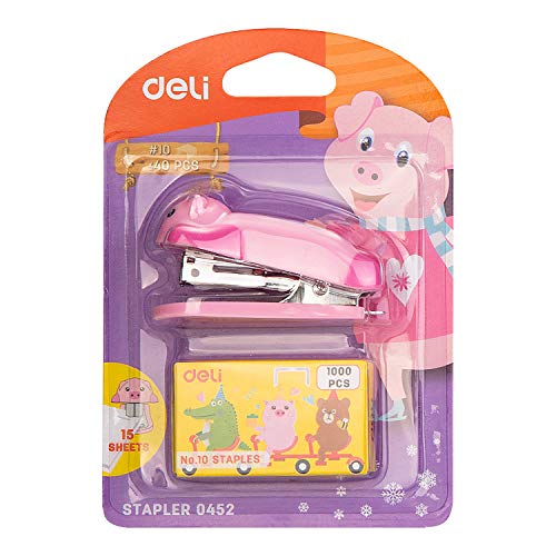 Deli Mini Cute Piggy Desktop Stapler, Office Stapler, 12 Sheet Capacity, Includes Built-in Staple Remover & 1000PCS No.10 Staples