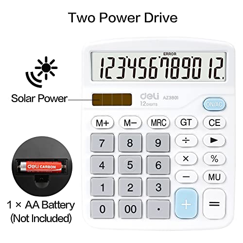 Calculator, Deli Standard Function Desktop Calculators with 12 Digit Large LCD Display and Sensitive Button, Solar Battery Dual Power Office Calculator, White