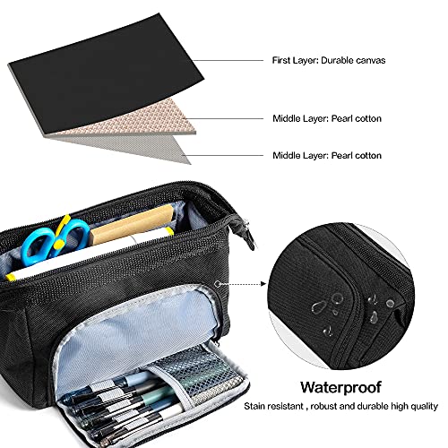 deli Big Capacity Pencil Case Pouch Bag Pen Boxes, Large Storage Pouch Marker Pen Case Stationery Bag for 15-20 years old, Black