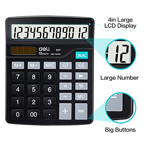Calculator, Deli Standard Function Desktop Calculators with 12 Digit Large LCD Display and Sensitive Button, Solar Battery Dual Power Office Calculator, Black