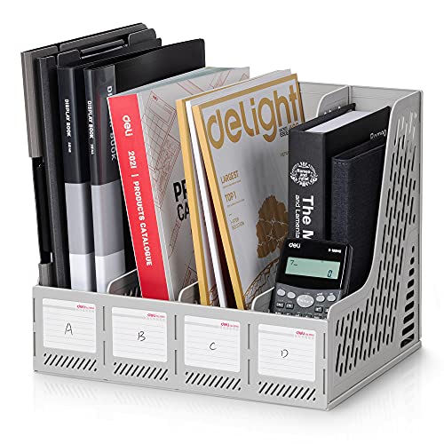 deli Magazine File Holder, Desk Organizer File Folder for Office Organization and Storage, Sturdy Plastic Binder Organizer, 4 Vertical Compartments, Gray