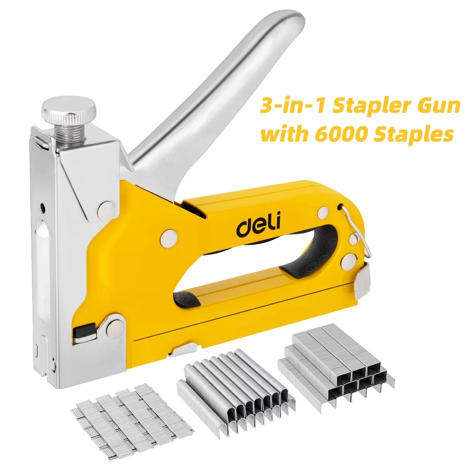 Deli Staple Gun, Heavy Duty Staple Gun, 3 in 1 Manual Nail Gun with 6000 Staples(D, U and T-Type), for Upholstery, Material Repair, Carpentry, Decoration, Furniture, DIY