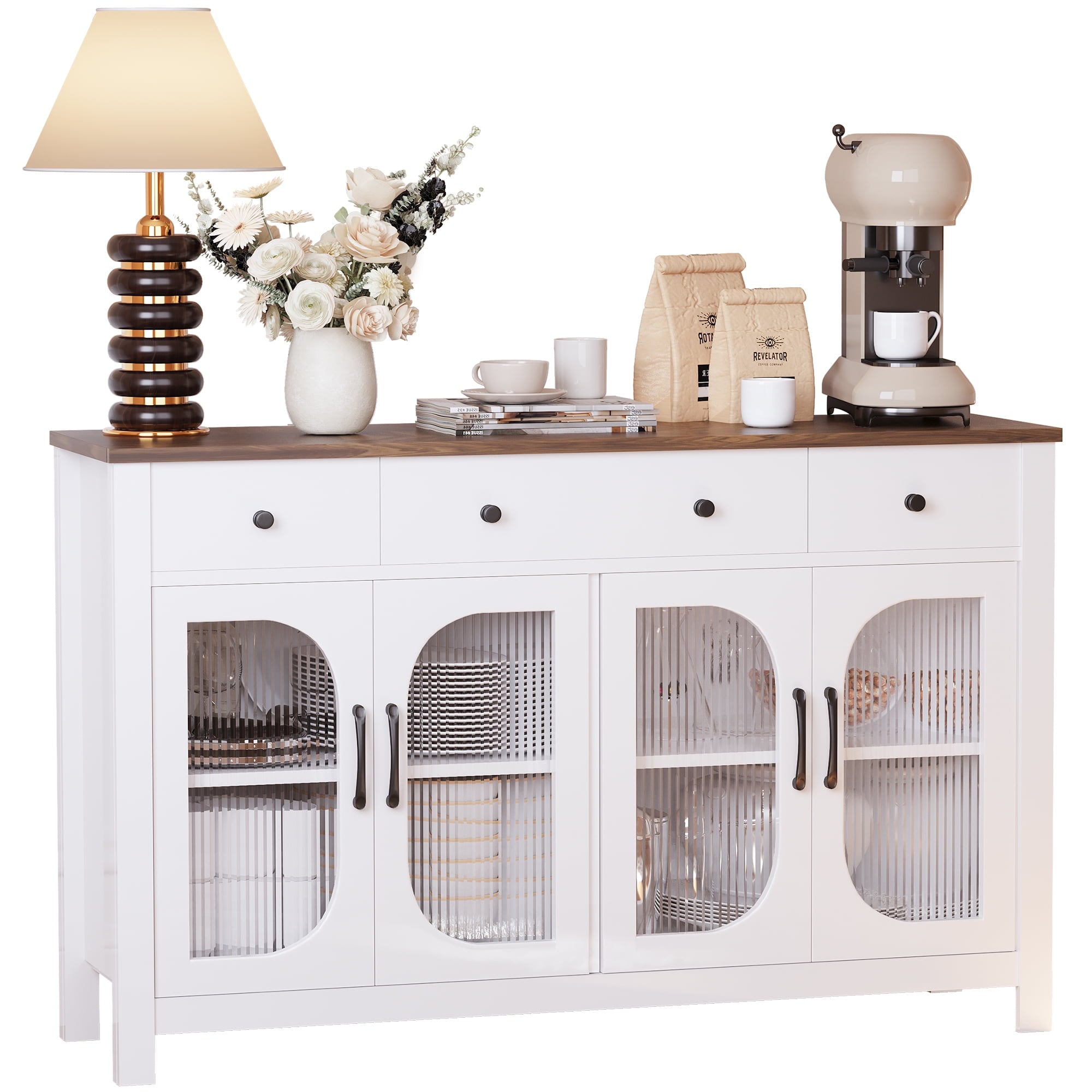 55" Sideboard Buffet Cabinet with Storage, Buffet Table with 3 Drawers and 4 Glass Doors, Kitchen Coffee Bar Cabinet with Adjustable Shelves for Dining Room, Living Room