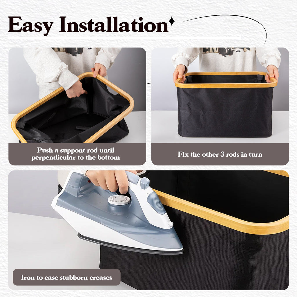 VUSIGN Fabric Storage Baskets with Bamboo Handles, Collapsible, Black Set of 2, L Size