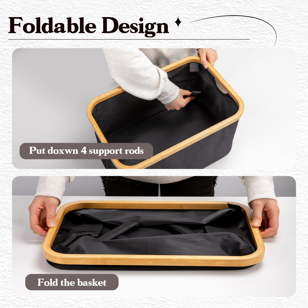 VUSIGN Fabric Storage Baskets with Bamboo Handles, Collapsible, Black Set of 2, L Size