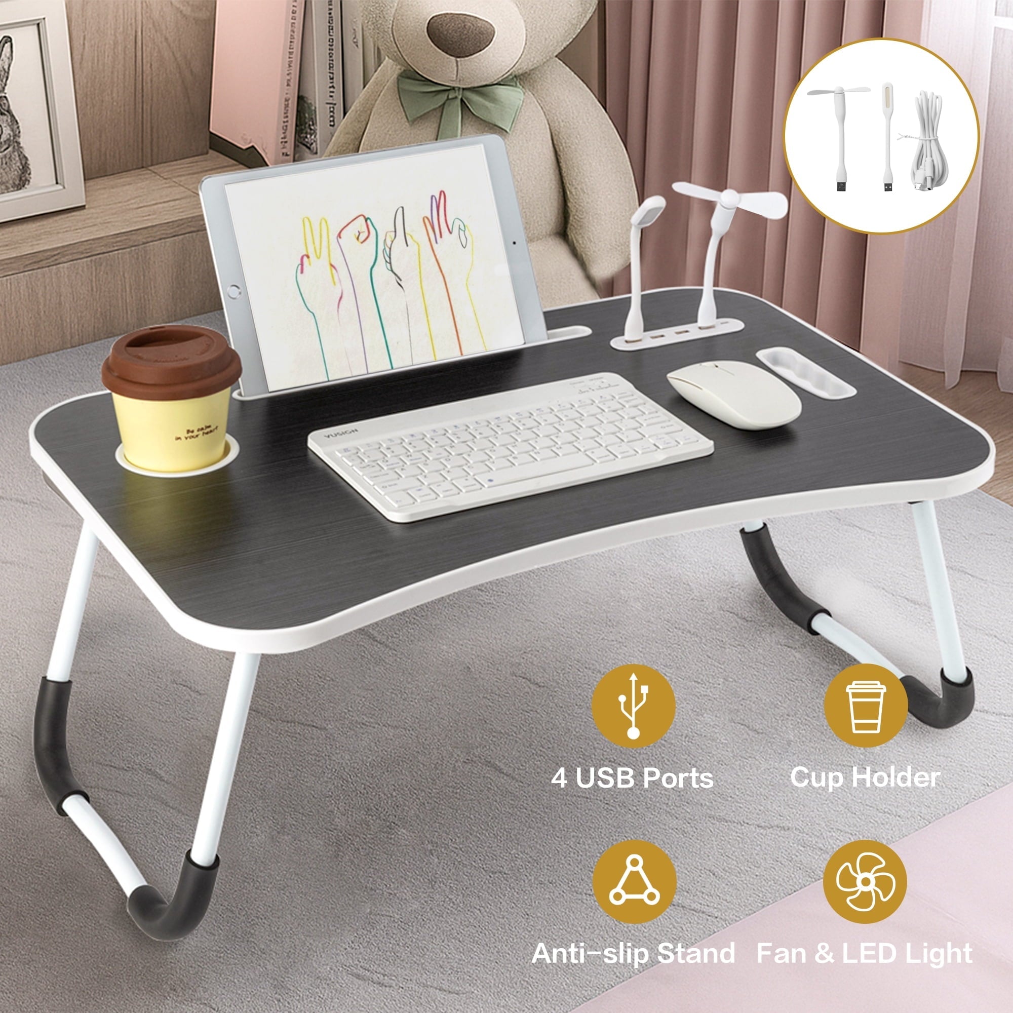 VUSIGN Laptop Lap Desk, Foldable Laptop Table Tray with 4 USB Ports and Cup Holder, Lap Bed Desk Notebook Stand Laptray Portable Standing Table for Bed Couch Floor