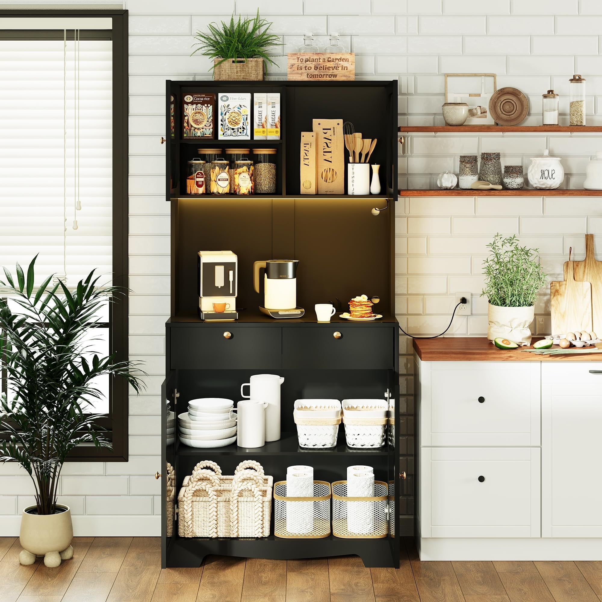 71" Kitchen Pantry Storage Cabinet with Lights and Charging Station, Tall Hutch Cabinet with Storage and Microwave Shelf for Dining Room, Black