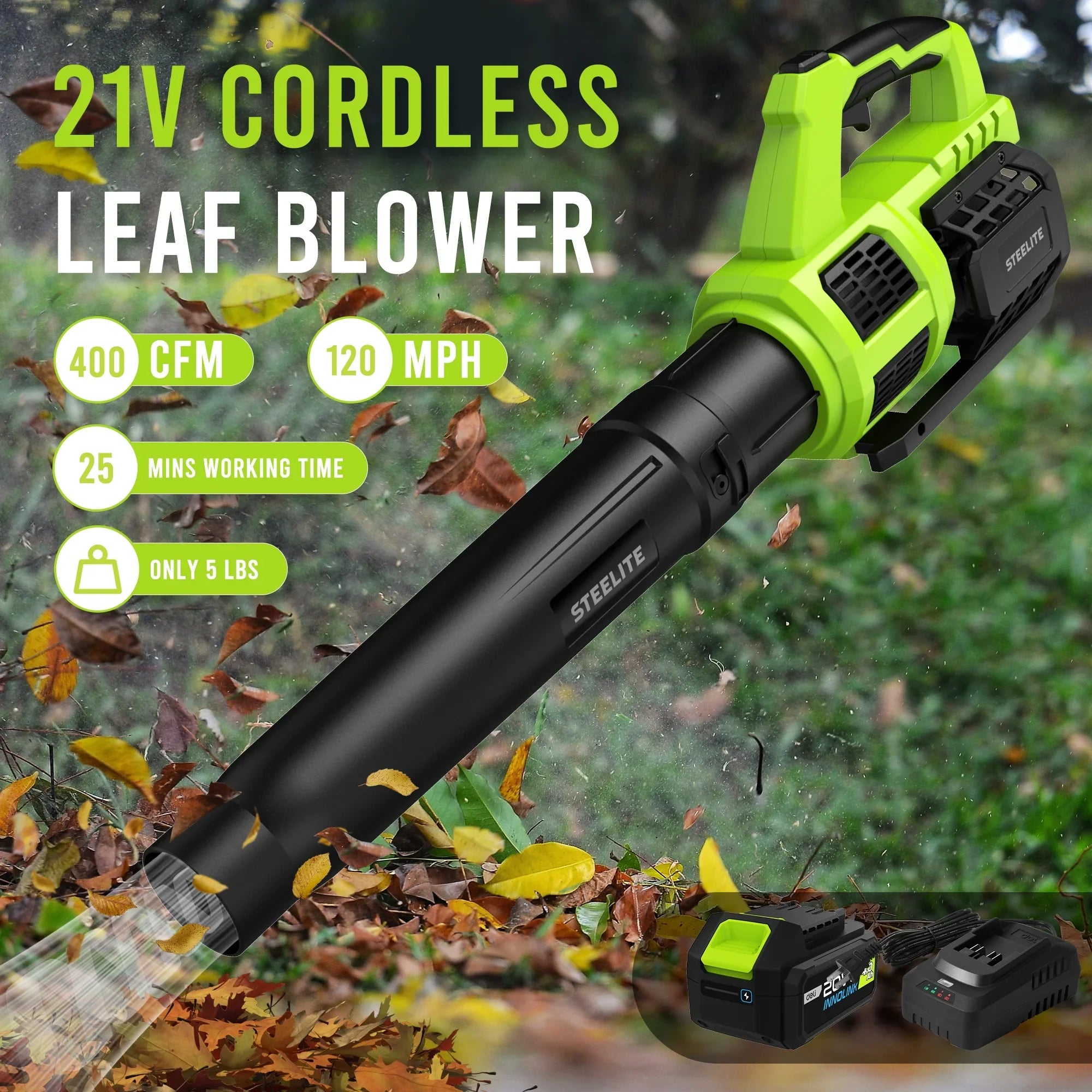 Steelite 21V Cordless Leaf Blower,120 MPH 400 CFM,Electric Lightweight Blower with 4.0Ah Battery Pack and Charger,for Lawn Care, Patio Cleaning, Blowing Leaves and Dust