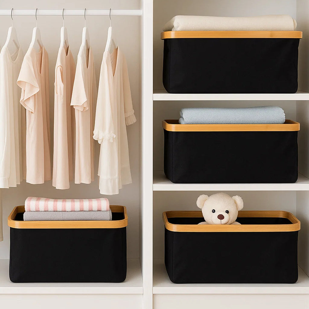 VUSIGN Fabric Storage Baskets with Bamboo Handles, Collapsible, Black Set of 2, L Size