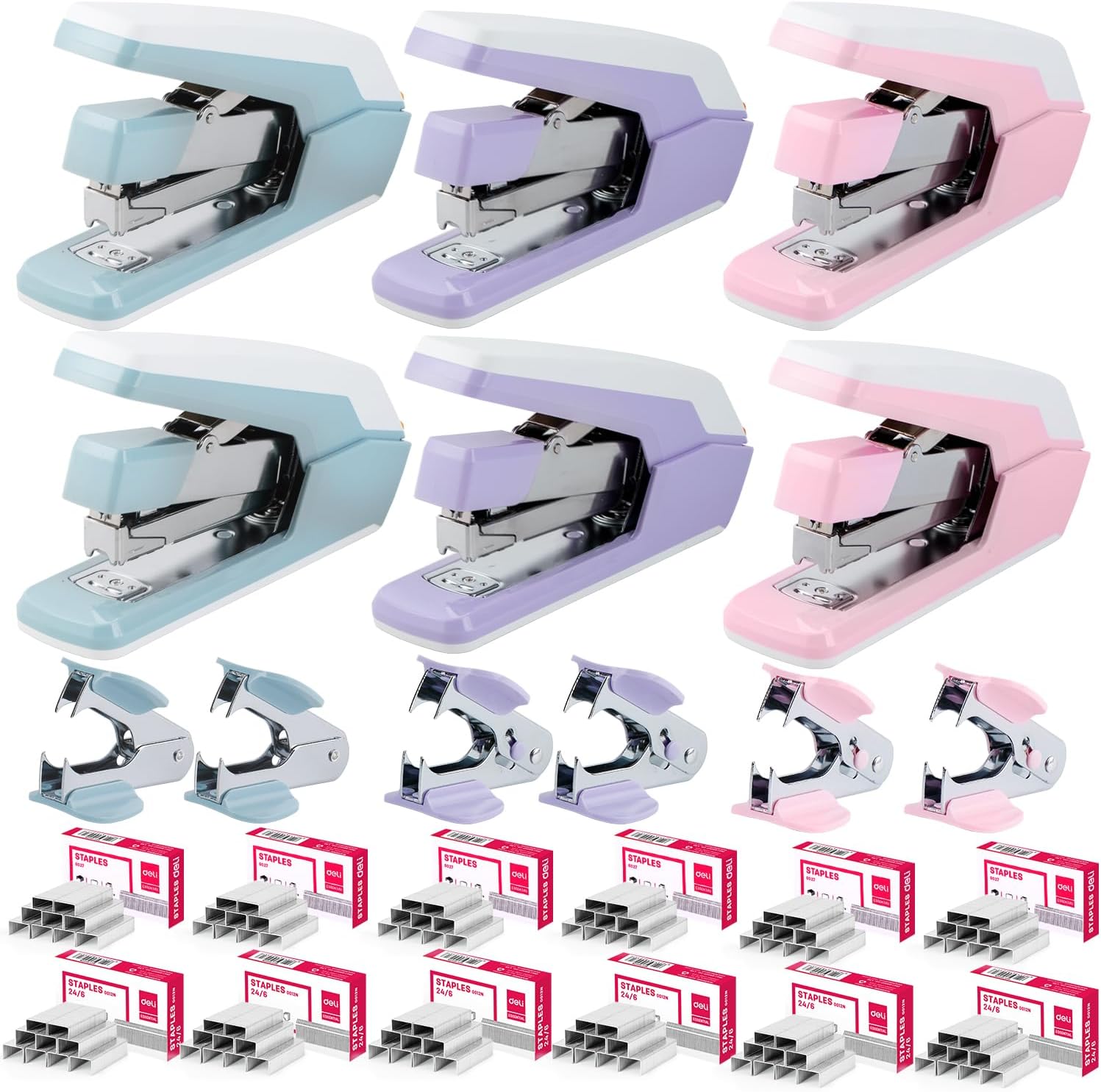 Deli Stapler, Effortless Staplers for Desk, 40-50 Sheet Capacity Heavy Duty, One Touch, No Effort, Easy to Load, with 1500 Staples & Staple Remover, 6 Pack, 3 Colors