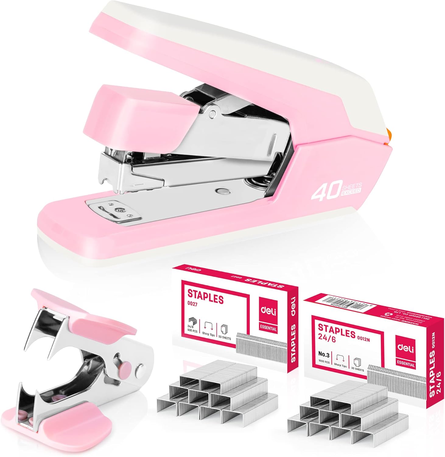 Deli Effortless Desktop Stapler, Heavy Duty Stapler, 40-50 Sheet Capacity, One Finger, No Effort, includes Staples & Staple Remover, Pink