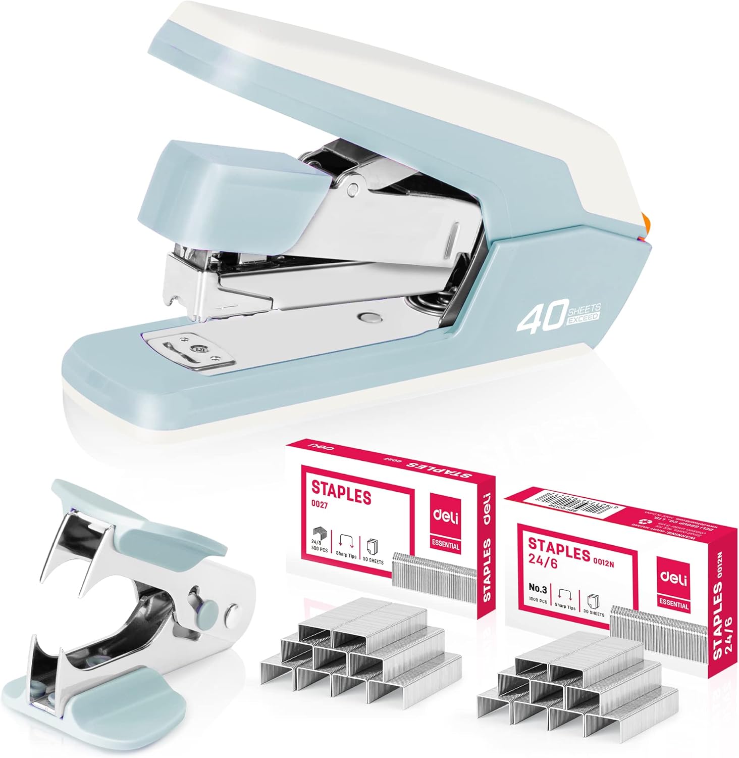 Deli Effortless Desktop Stapler, Heavy Duty Stapler, 40-50 Sheet Capacity, One Finger, No Effort, includes Staples & Staple Remover, Blue