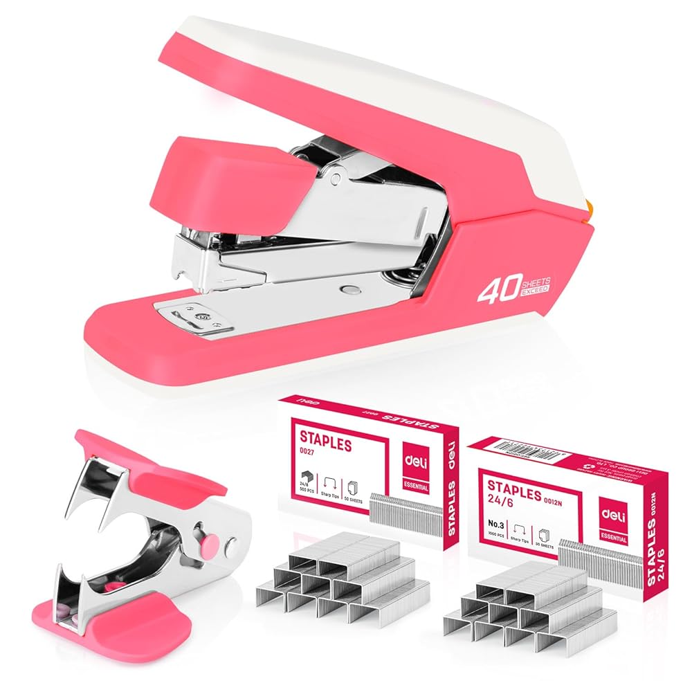 Deli Effortless Desktop Stapler, Heavy Duty Stapler, 40-50 Sheet Capacity, One Finger, No Effort, includes Staples & Staple Remover, Deep Pink