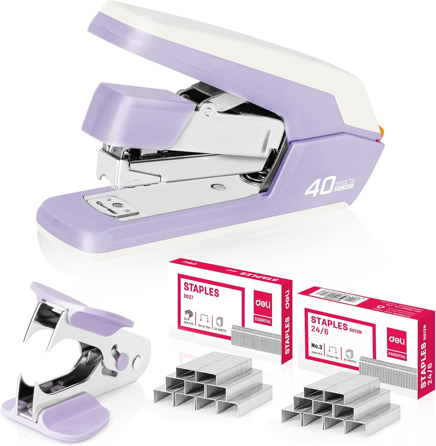 Deli Effortless Desktop Stapler, Heavy Duty Stapler, 40-50 Sheet Capacity, One Finger, No Effort, includes Staples & Staple Remover, Violet