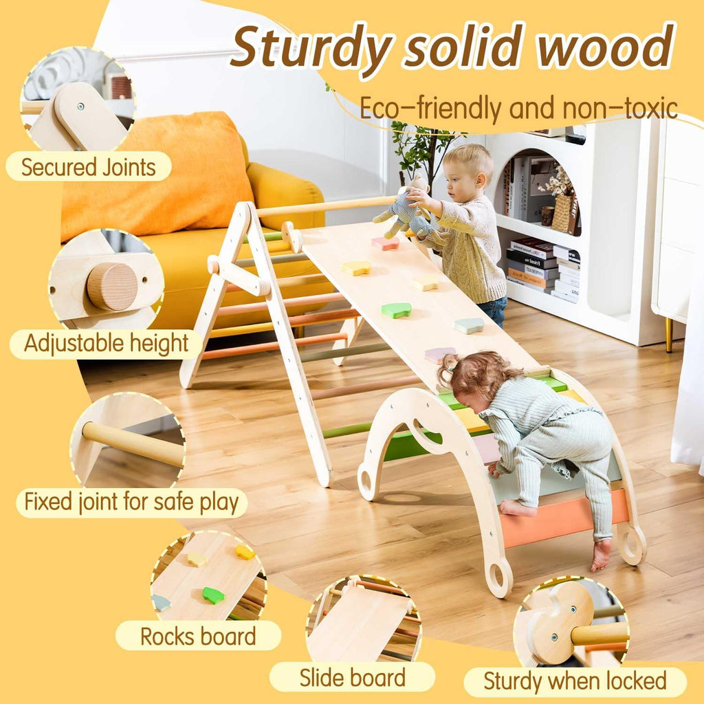 deli 7 in 1 Pikler Triangle Set, Large Size Toddler Climbing Triangle Set, Wooden Baby Jungle Gym Indoor, Foldable Montessori Climbing Set with Ramp, Arch & Climbing Triangle