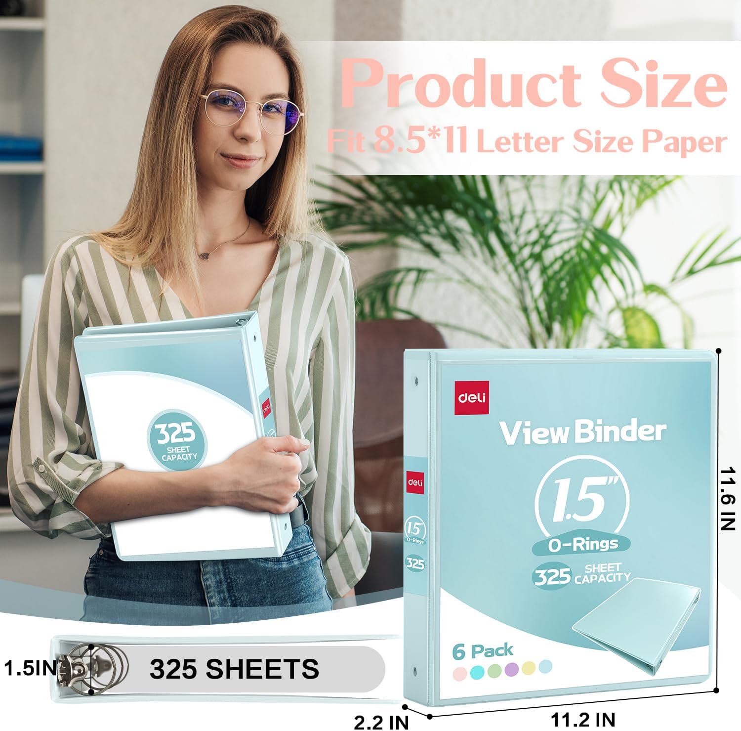Deli 1.5-inch 3 Ring Binder with 2 Interior Pockets, 325 Sheets Capacity, 1.5 inch Binders fits 11" x 8.5" US Letter Size, Assorted 6 Pastel Colors, 6 Pack