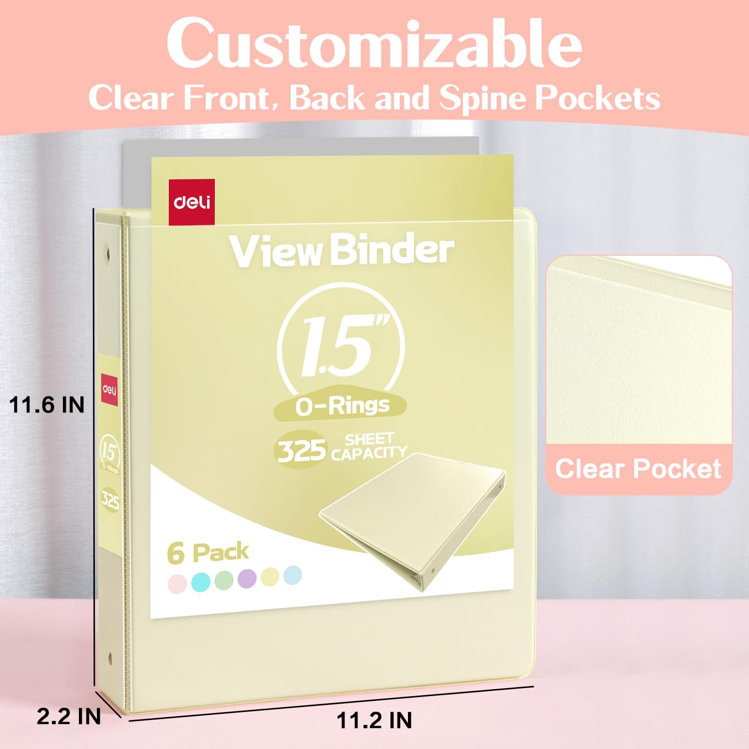 Deli 1.5-inch 3 Ring Binder with 2 Interior Pockets, 325 Sheets Capacity, 1.5 inch Binders fits 11" x 8.5" US Letter Size, Assorted 6 Pastel Colors, 6 Pack