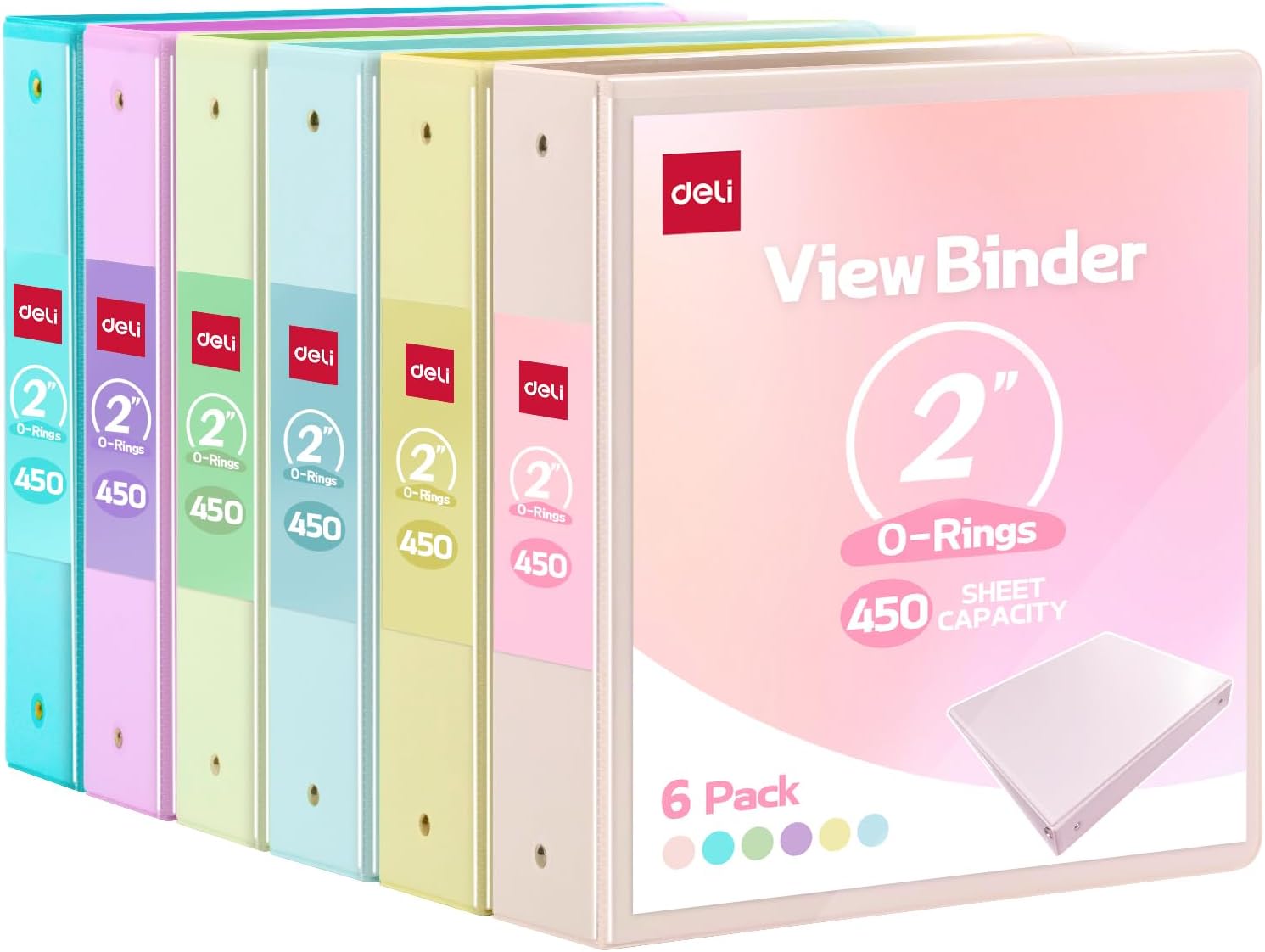 Deli 2-inch 3 Ring Binder with 2 Interior Pockets, 450 Sheets Capacity, 2 inch Binders fits 11" x 8.5" US Letter Size, Assorted 6 Pastel Colors, 6 Pack