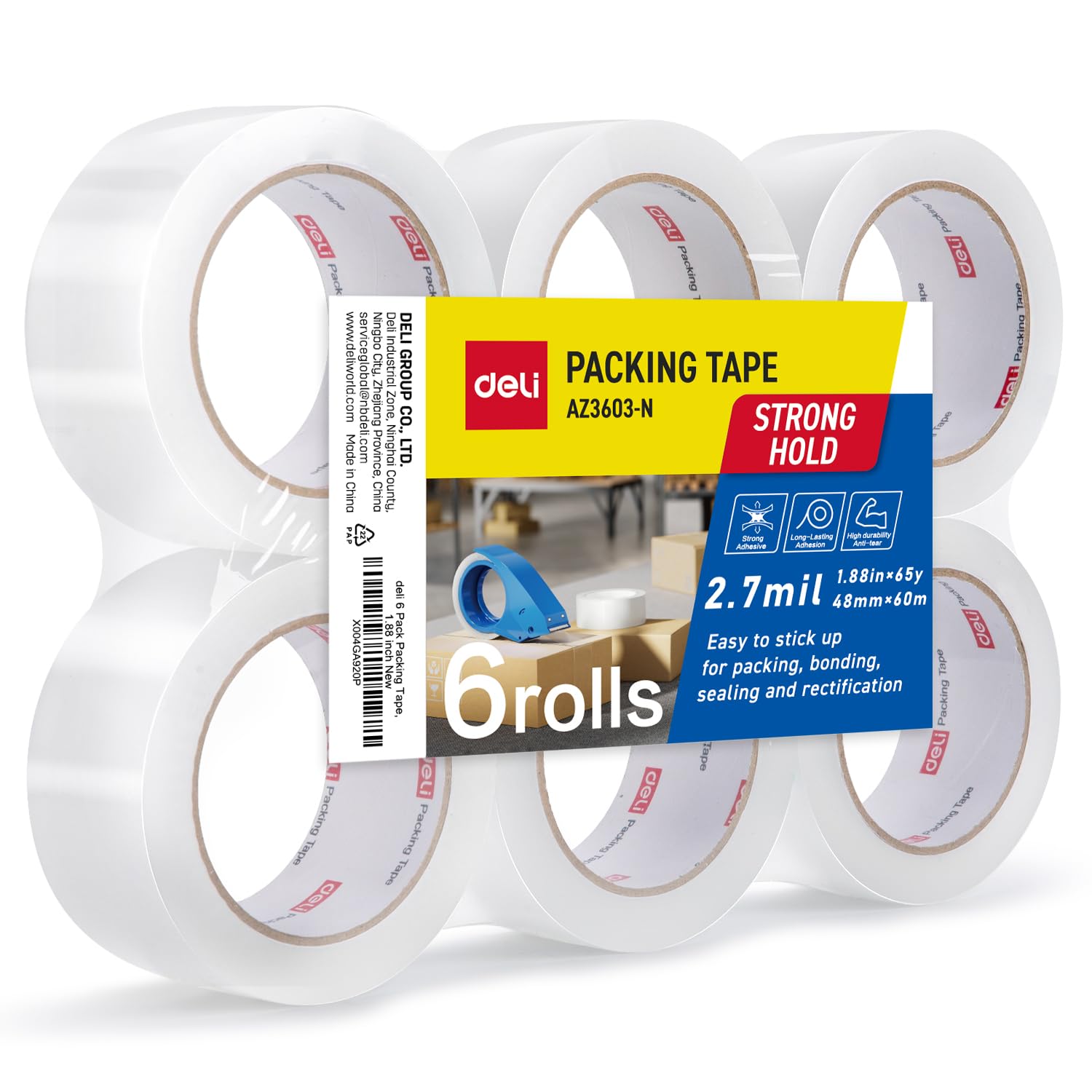 deli Heavy Duty Packing Tape, for Shipping Packaging, Clear, 2.7mil Thick, 1.88 inches Wide, 65 Yards Per Roll