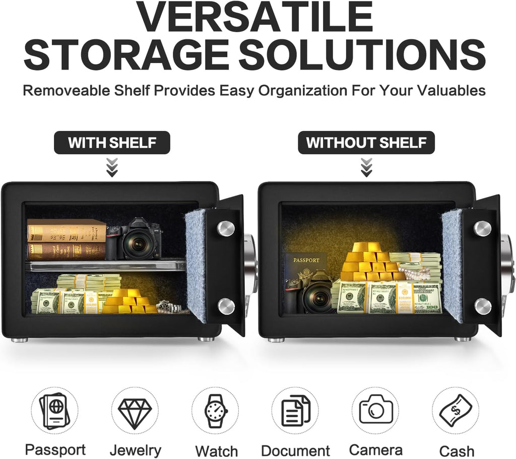 1.0 Cubic Feet Safe Box, Small Safe W/Removable Shelf, Alarm System, Digital Electronic Security Money Box for Cash, Document, Home, Office, Hotel Use, Black, 9.84"D x 13.78"W x 9.84"H