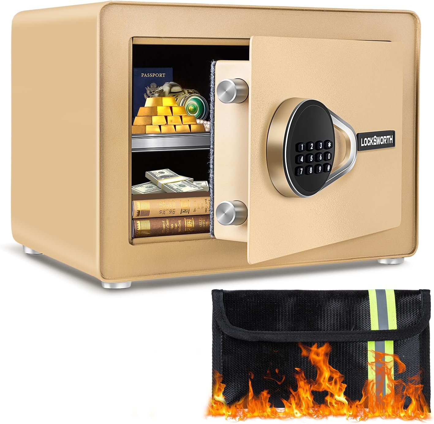 1.0 Cubic Feet Safe Box, Small Safe W/Removable Shelf, Alarm System, Digital Electronic Security Money Box for Cash, Document, Home,Office, Hotel Use, Golden, 9.84"D x 13.78"W x 9.84"H
